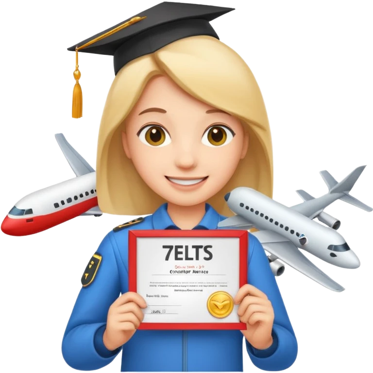 emoji student happy holding certificate IELTS 7.0, success, airplane, white background emoji