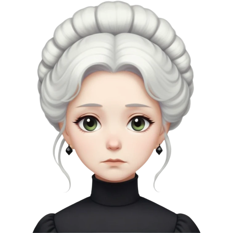 A Victorian woman with elegant coiffed white hair and light eyes wearing a modest unadorned monochrome black turtleneck mourning dress with puff sleeves looking down with a forlorn expression emoji
