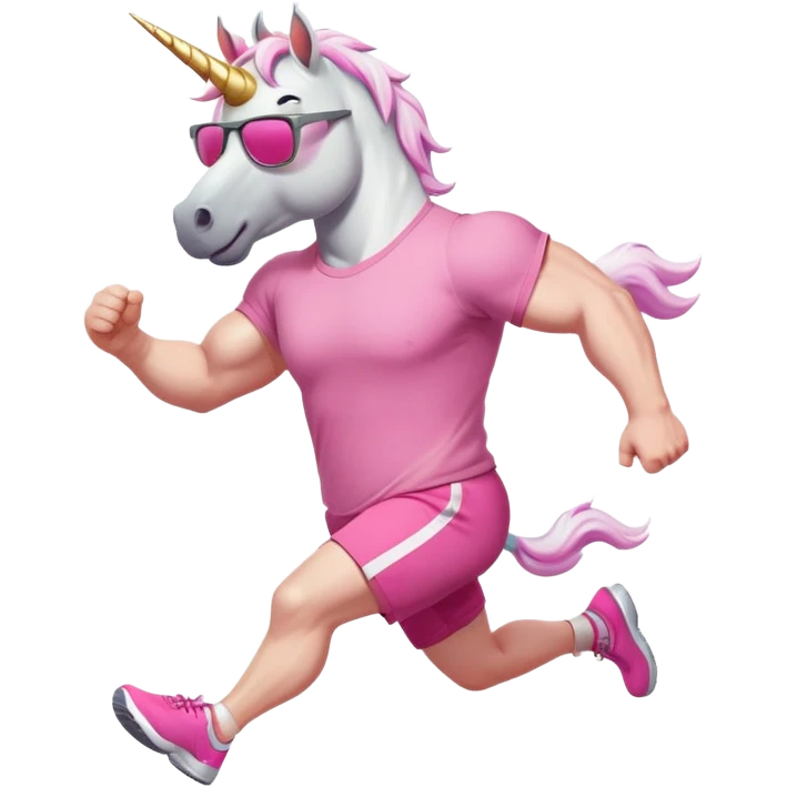 friendly anthropomorphised male white unicorn with a fit, chunky, muscular and strong physique, arms and legs matching the white of the head, in grey shorts and pink t-shirt, wearing dark sunglasses, jogging upright in a standard pose emoji