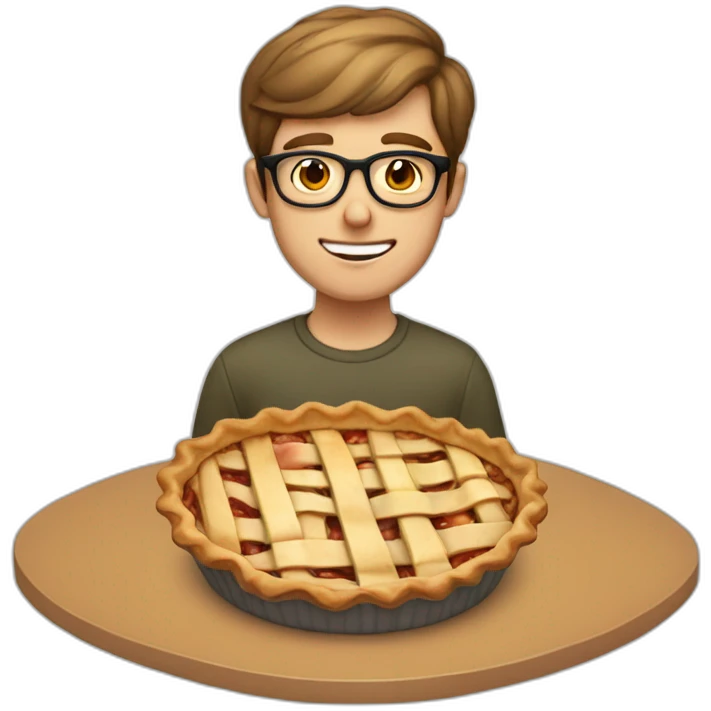 Short light brown hair guy wearing glasses eatings an apple pie emoji