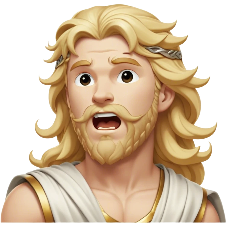 Cinematic Realistic Thor Portrait, head tilted slightly with a dramatic, wide-open yawn, revealing a moment of unguarded human vulnerability amidst his divine stature. His fair, luminous skin and elegantly styled, wavy golden hair maintain their sculptural perfection even in repose. Dressed in a flowing white toga with understated golden accents, the portrait is bathed in soft natural light, capturing a rare glimpse of relaxed, timeless strength from a Greek god reborn. emoji