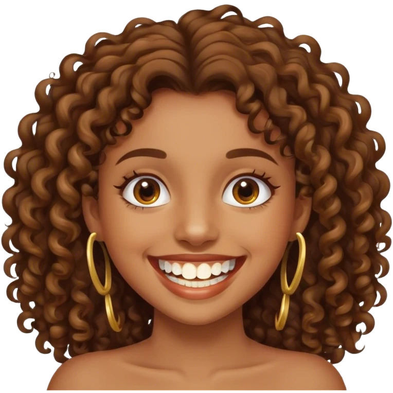 Brown haired curly hair girl smiling showing gold teeth emoji
