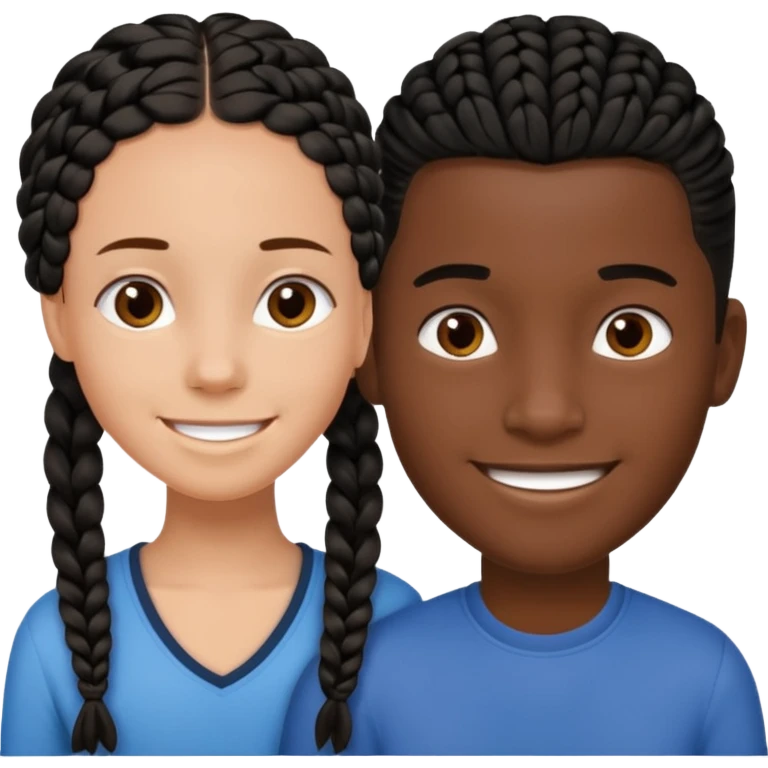 Dark black girl with black braids, smiling, and tan white boy with straight brown hair emoji