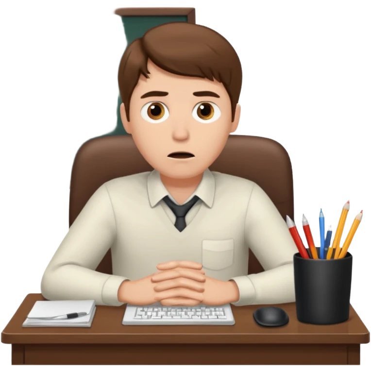 A white man with brown hairs, white skin,  sits at his desk in shock emoji