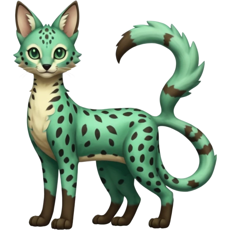 Epic complex detailed dark-emerald-green dark-brown beige pastel realistic aesthetic-scenic-Fakémon-Sprigatito-Floragato-Meowscarada-Trico-Sergal-Serval-Vernid-creature (full body) emoji