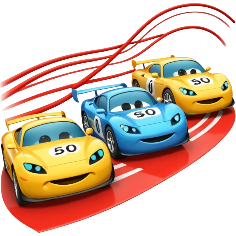 Two emoji-style cars racing toward a finish line labeled “$20K”, one labeled “$500/mo” and the other “$1000/mo”, energetic motion and speed lines emoji