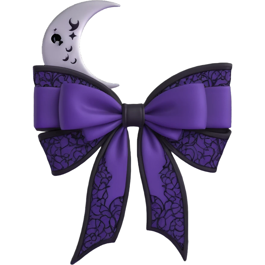 gothic bow, dark violet velvet, black lace overlay, silver crescent moon charm, moody and elegant emoji
