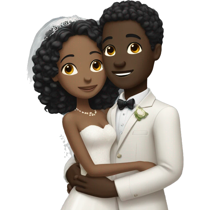 African Bride and Groom. Dark Brown skin. Black long curly hair. Short black haircut. Hugging each other. Eyes closed. emoji