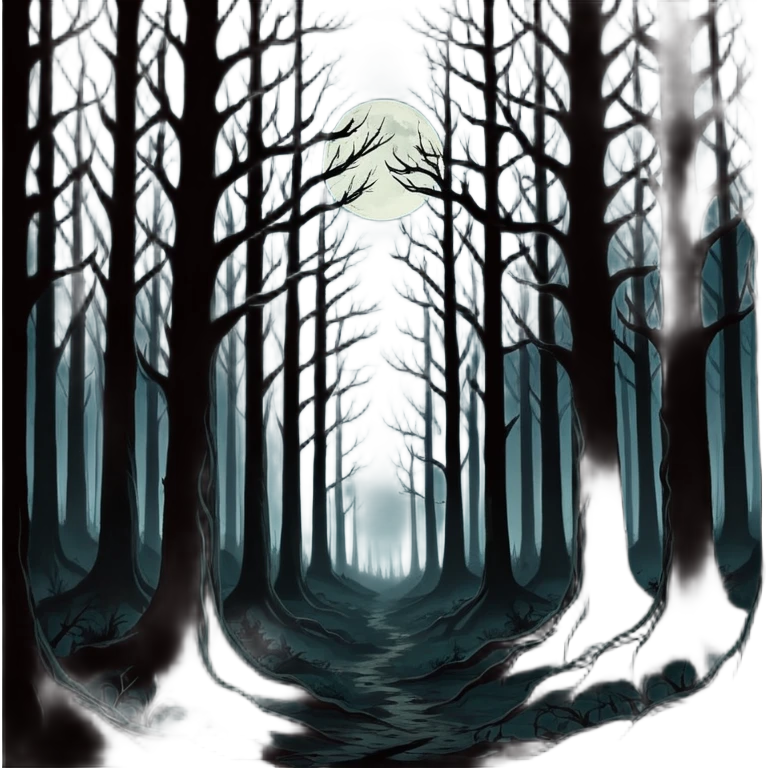 dark forest scene, the entire world covered in darkness. The sky is deep black with no stars or light, no moon, no glow just total void and silence. The atmosphere feels ominous and unsettling, as if darkness has swallowed everything. No characters, no visible light sources emoji