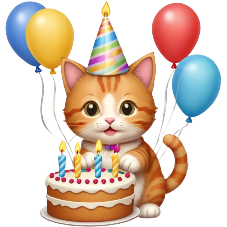 Ginger tabby kitten celebrates birthday, birthday hat, birthday cake, one candle, balloons, happy, gifts emoji