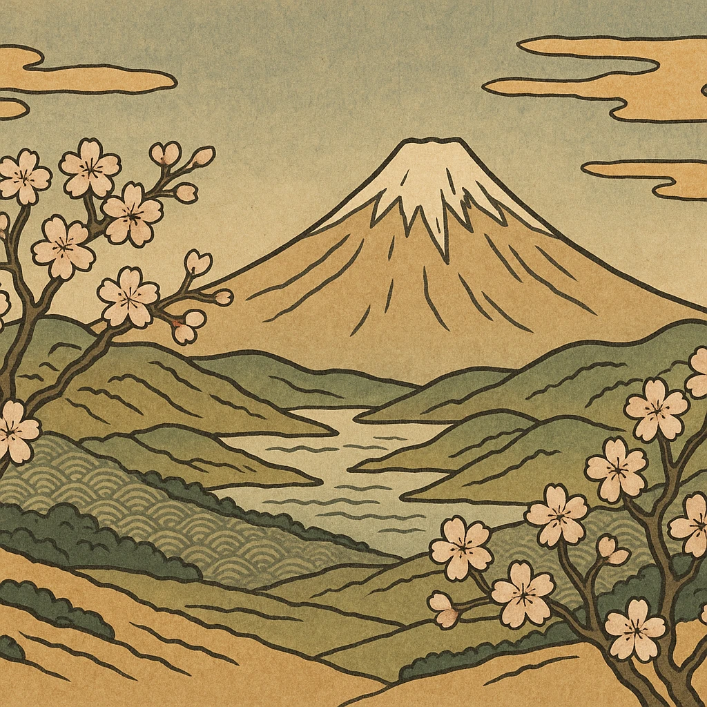 ukiyo-e style illustration of a mountain landscape with cherry blossoms emoji