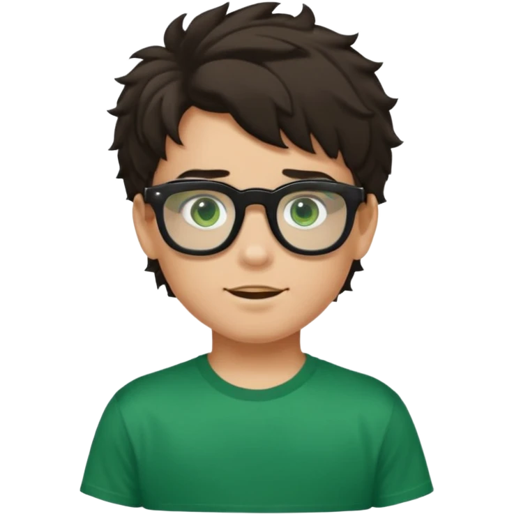 Garçon brun avec des cheveux ondulés courts, peu un peu claire, des yeux verts foncés, un t shirt noir et des lunettes rectangulaires transparentes qui est fou emoji