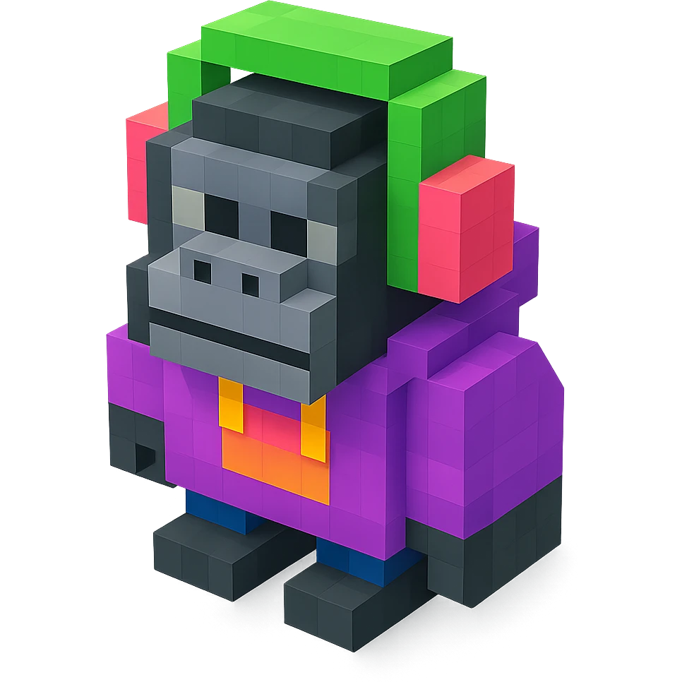 voxel style gorilla with headphones, wearing a hoodie, isometric view emoji
