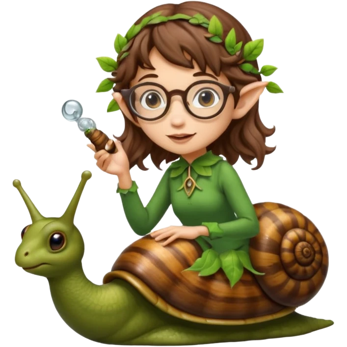 tiny forest elf woman brown wavy hair glasses riding a snail emoji