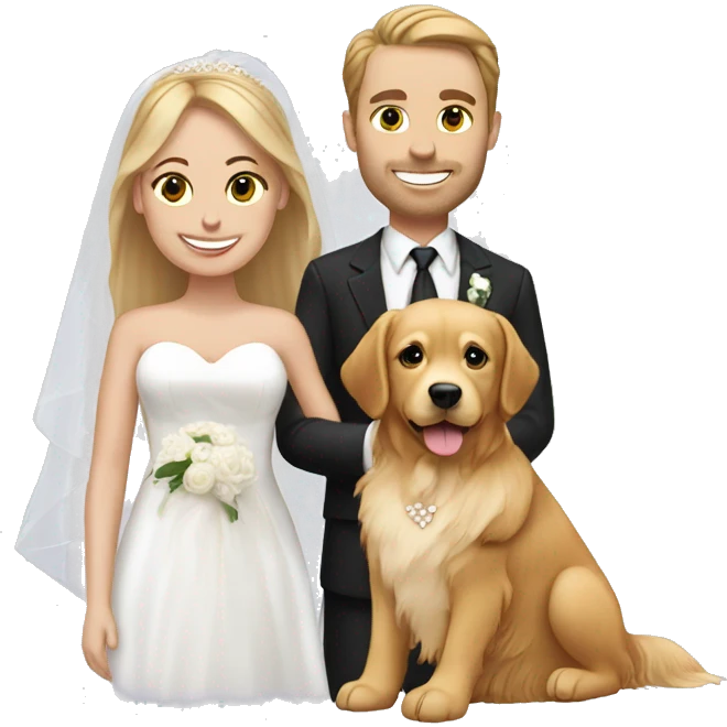White bride and groom with golden retriever  emoji