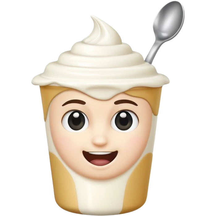 A 3D cartoon yogurt cup with a spoon, creamy white top, Memoji-style rendering. emoji