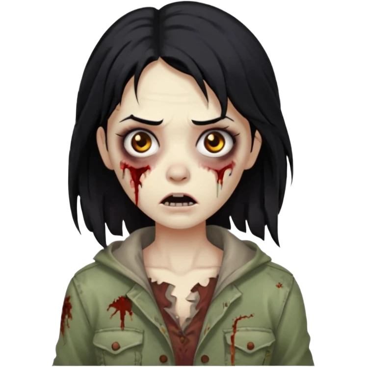 Uma mulher zombie de cabelo preto médio e olho castanho emoji