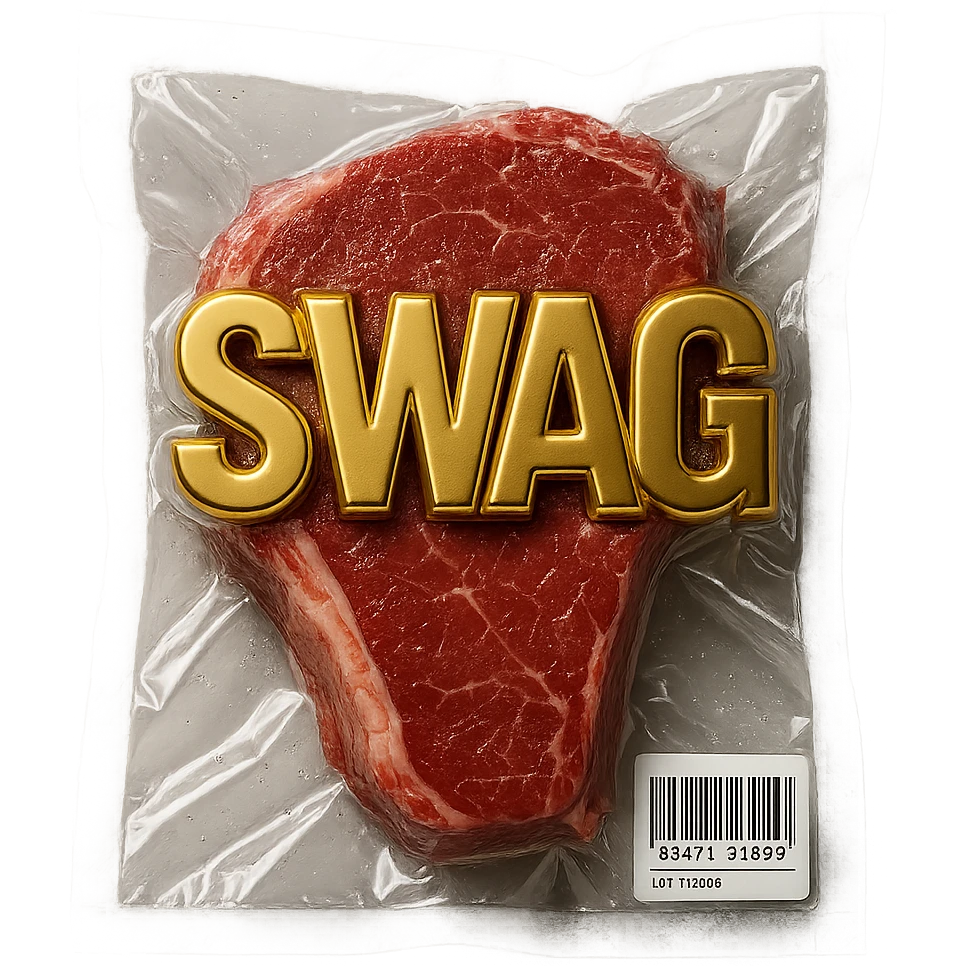 steak with gold 3D 'SWAG' text, extra shiny emoji