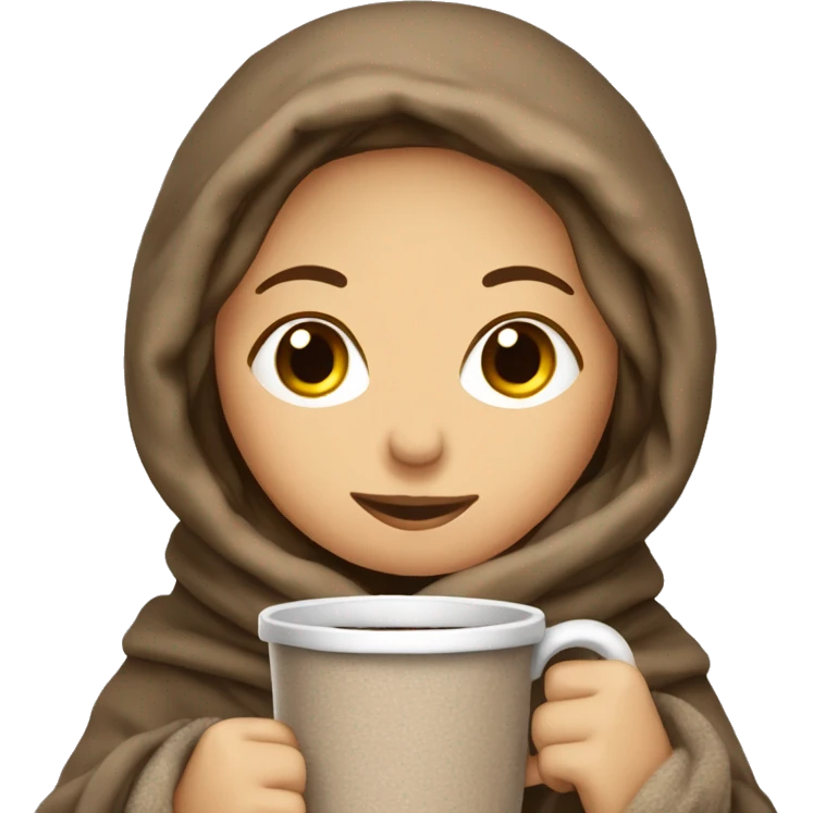 Caucasian Woman bundled up in blankets with hot chocolate  emoji