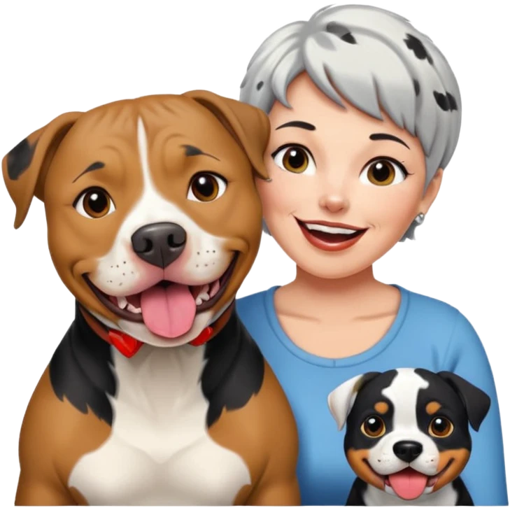 Pitt bull rottweiler white muzzle with black spots tongue out next to middle aged woman with short silver hair emoji