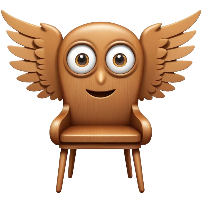 A wooden chair with big cartoon eyes, flying through the air with small wings emoji