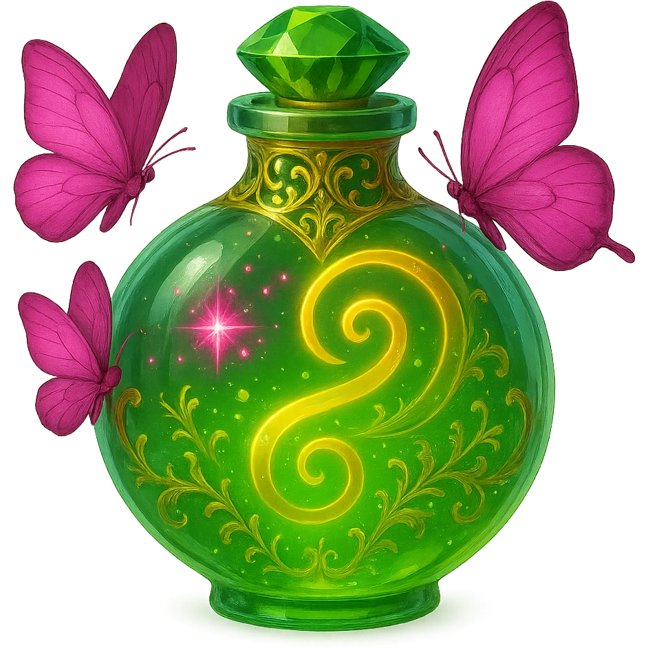 Maintain the original design with a rounder bottom, transparent background, and glossiness. Inside, add a glowing liquid effect with magical elements, incorporating some pink effects or details inspired by the style of the second reference elixir image. emoji