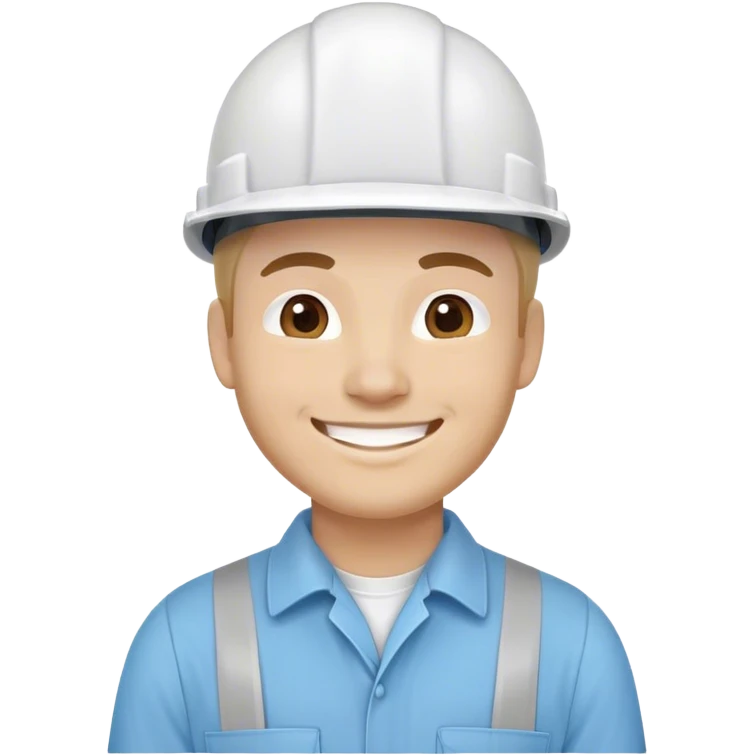 pria karyawan konstruksi mengunakan helmet putih dan berseragam biru langit berlengan panjang dan tersenyum emoji