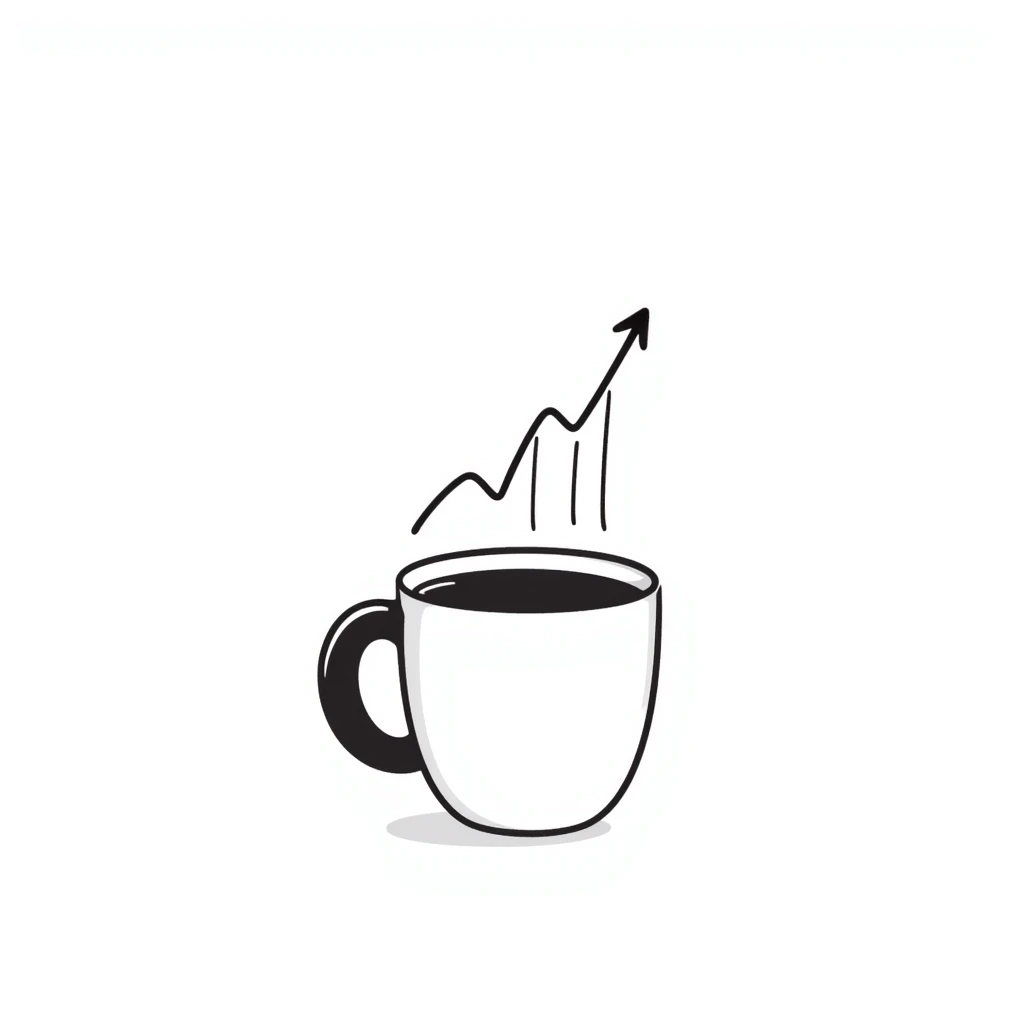 a doodle of a coffee cup next to a bullish stock graph emoji