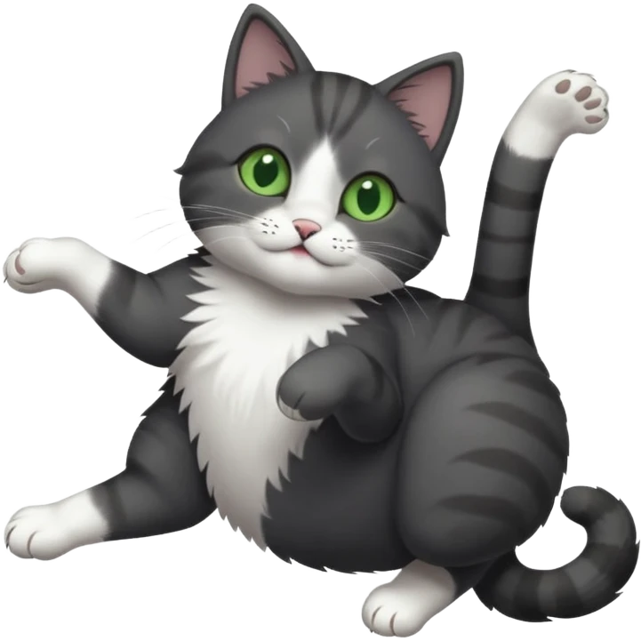 solid dark grey cat with green eyes, white toes/paws and white patch on her chest playfully rolling upside down emoji