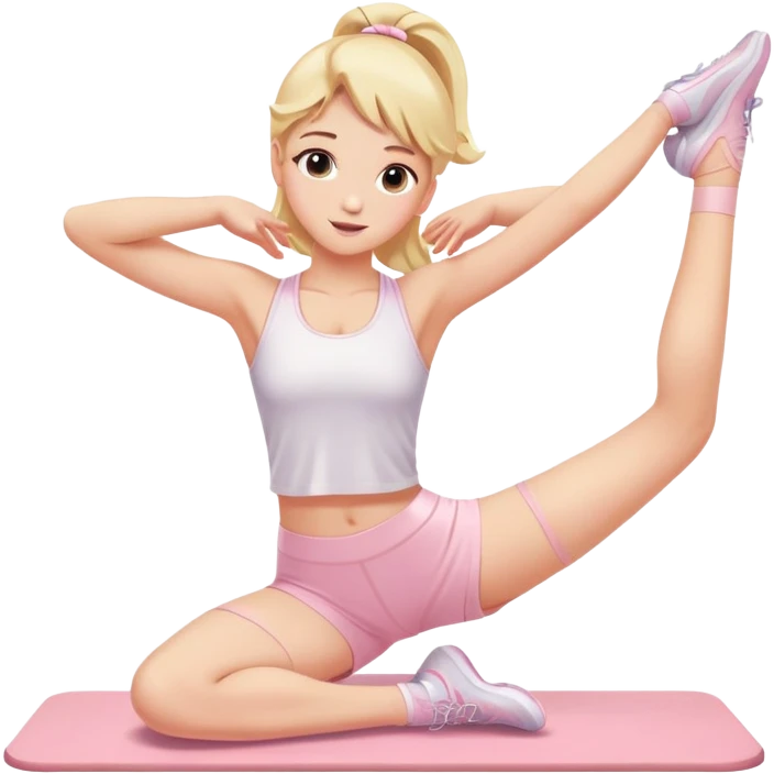 angelic blonde girl stretching in light pink gym  emoji