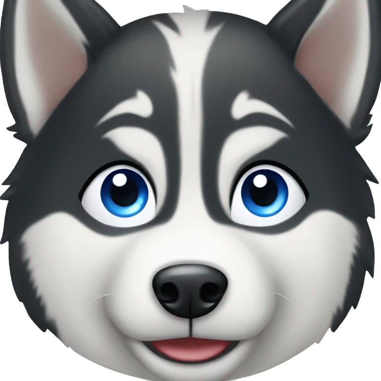 Black and white husky with blue eyes, white eyebrows, looking happy emoji