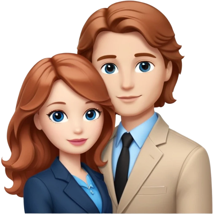 Barbie girl  , eyes blue , Chestnut red long wavy hair In pale beige clothes, Hugs a man with light brown hair short haircut, brown eyes , and a black suit emoji