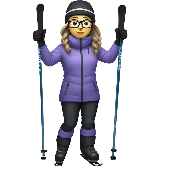 chubby female skier with long hair, glasses, grey-purple snow jacket, black pants and black skis emoji