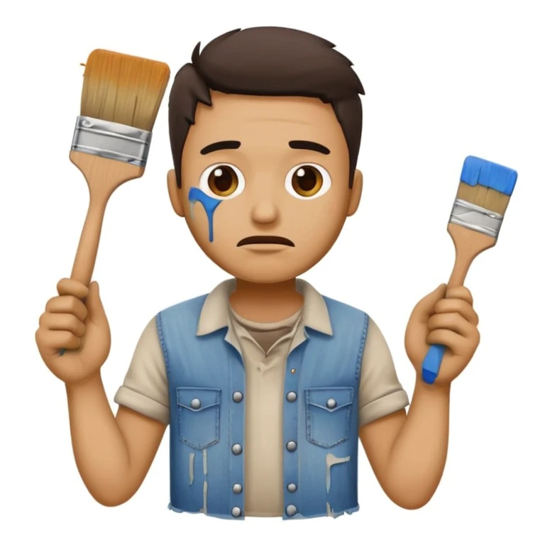 confused house painter emoji wearing torn jeans and stained shirt, holding a broken paintbrush, paint on face and hands, cluttered background emoji