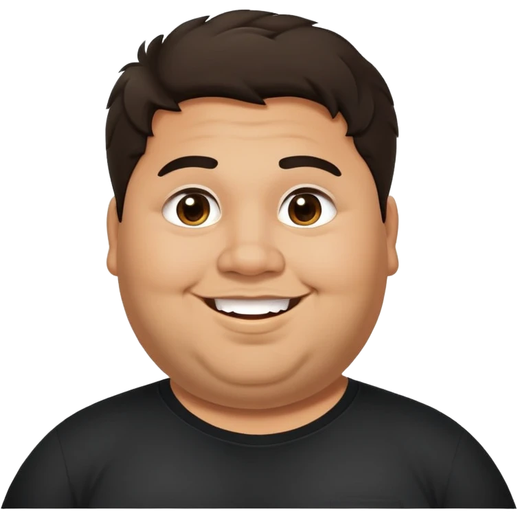 Joven obese, pelo largo, cuerpo grande, latino piel canela, cara redonda-ancha, scruff sin barba completa, cejas gruesas, pelo oscuro ondulado flat largo hasta el cuello. Sonrisa amplia, expresión alegre. Camisa negra. Size large.  emoji