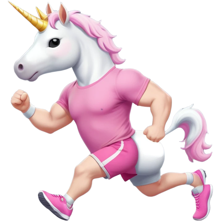 friendly anthropomorphised male white unicorn with a fit, chunky, muscular and strong physique, arms and legs matching the white of the head, in grey shorts and pink t-shirt, wearing dark sunglasses, jogging upright in a standard pose emoji