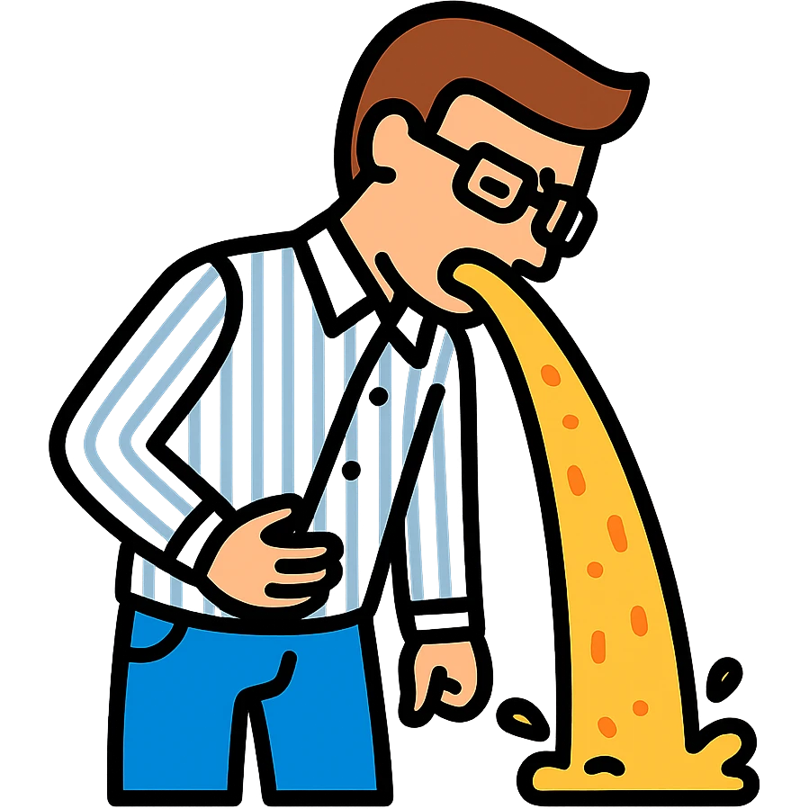 male teacher with brown hair, wearing blue jeans and a striped buttondown shirt, throwing up, color outline icon style emoji