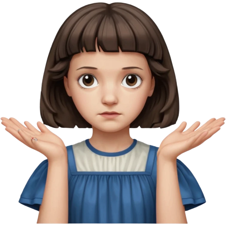 Eleven from Stranger Things, serious face, hand outstretched, 80s dress emoji
