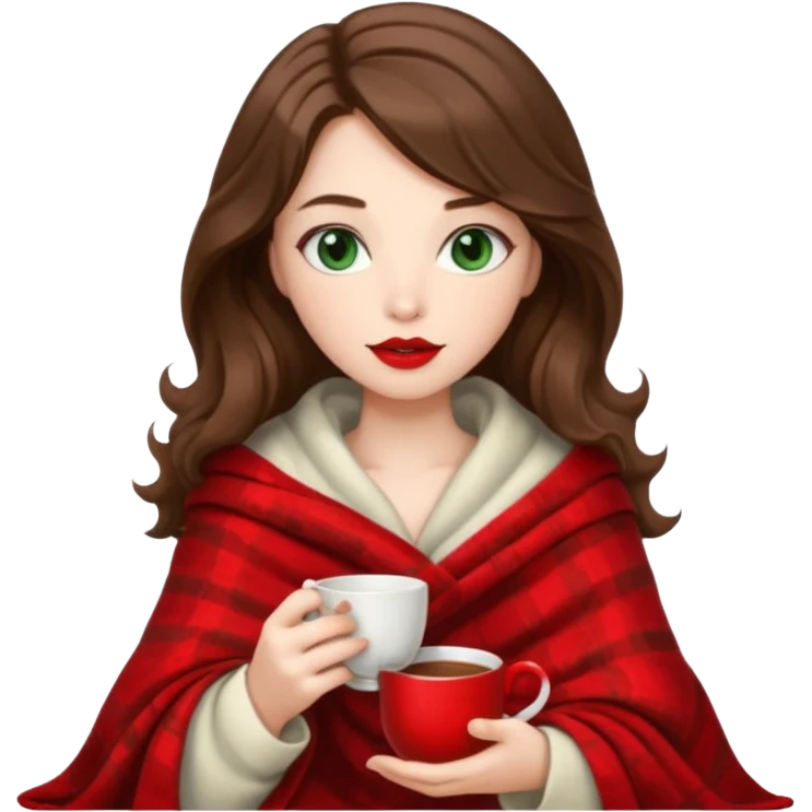 Long wavy brown haired, white skinned, dark green eyed girl with red lipstick wrapped in a blanket, sipping tea and reading a book emoji