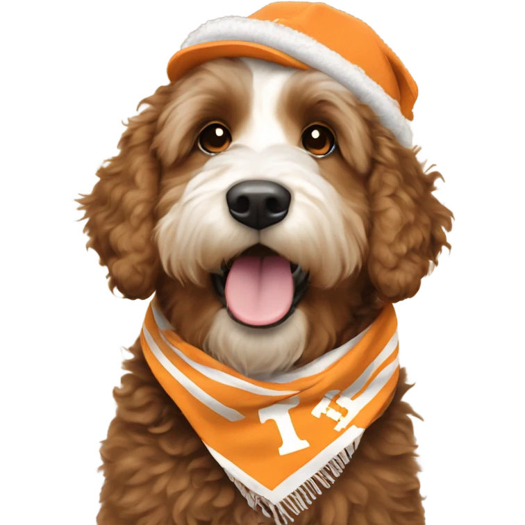 Bernedoodle with University of tennessee hat and scarf emoji