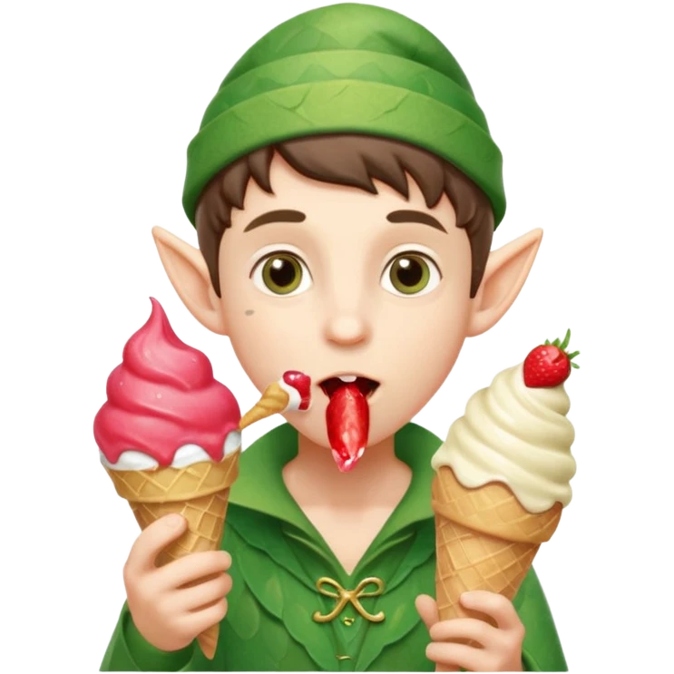 
A young elf boy in leafy clothes licking a triple-scoop ice cream with wide eyes.
baby elf with strawberry ice cream




 emoji