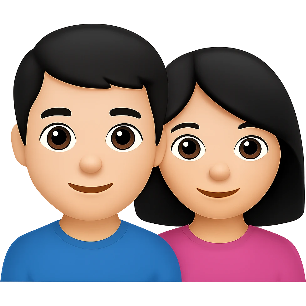 Create an emoji style image showing two kids, a boy and a girl, both with black hair, together in one emoji. The style should resemble typical emoji aesthetics. The background should be removed, leaving only the characters visible. emoji