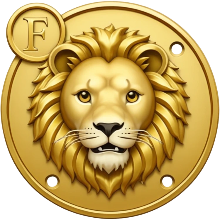 Fais un emoji de pièce d'or ronde avec l'inscription "F" dessus et un lion très détaillé gravé sur la pièce. Le F et le lion doivent être très lisible ainsi que les détails autour de la pièce. Le lion doit être gravé et en 2D il doit pas ressortir, il doit être subtile, le F doit être très visible emoji