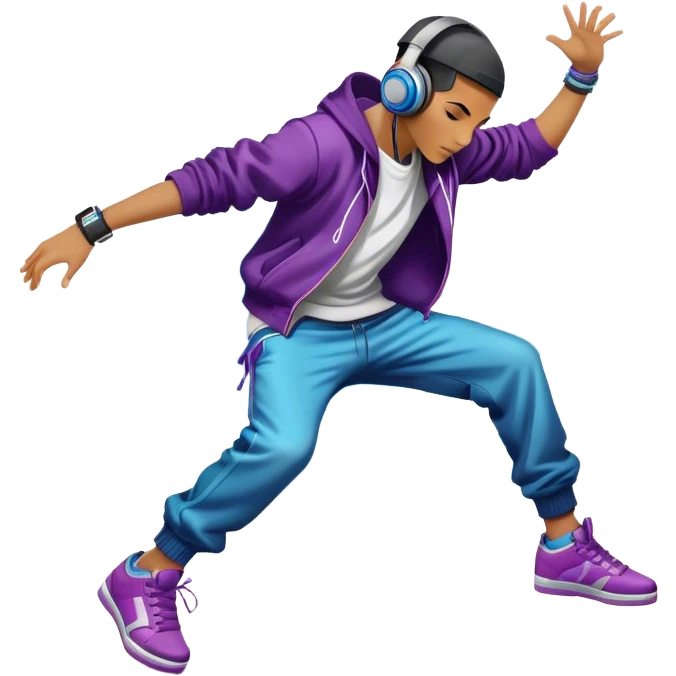 Icon for Street Dance: a dancer in urban streetwear performing a dynamic lower breakdance move, with a spray-painted background, headphones, and a boombox on the asphalt. The icon should capture the energy, style, and creativity of street dance culture. Transparent background. emoji