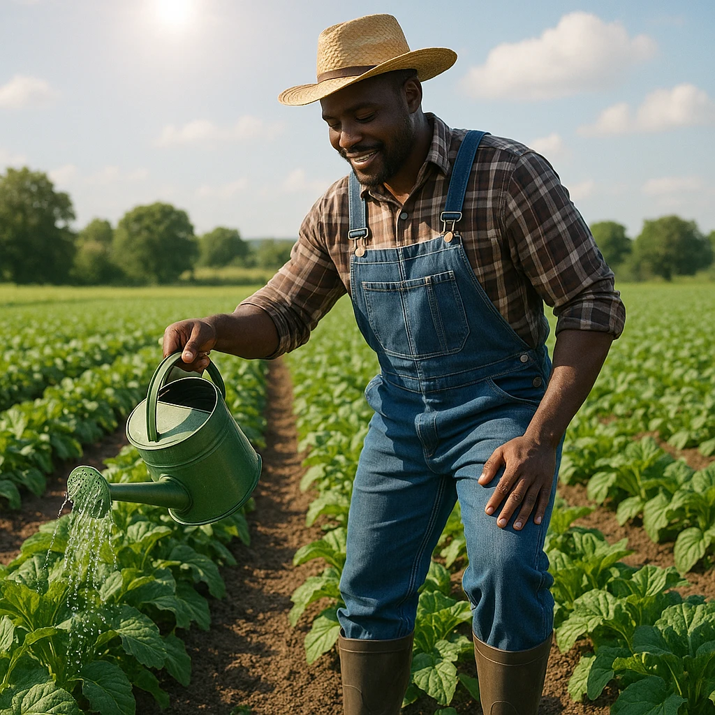Black man farmer, watering crops, wearing boots and overalls, sunny day, green field emoji