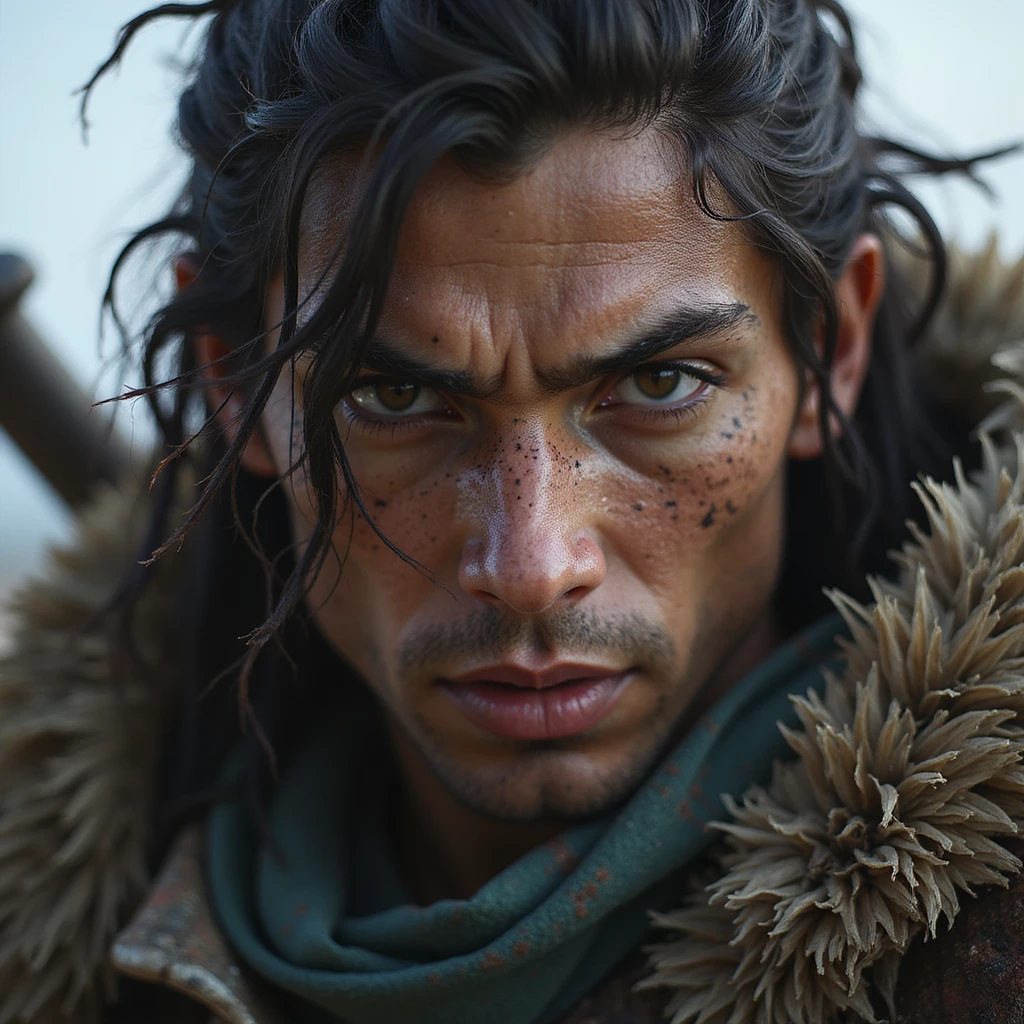 realistic fantasy style close-up detailed face of a fierce League of Legends warrior with a weapon emoji