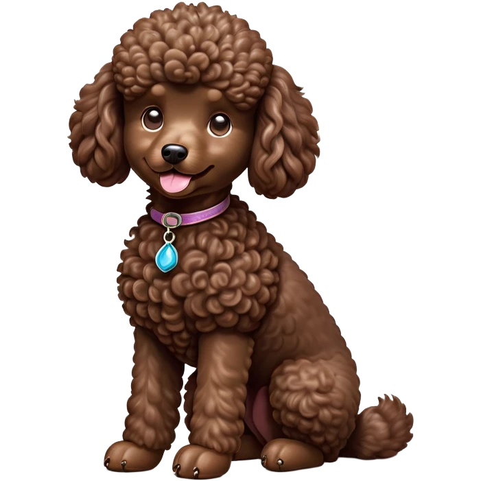 cinematic-[poodle]-realistic-full-body-sitting-emoji,-tail-resting-loosely-beside-its-paws,-head-tilted-dramatically, -curly-[chocolate]-fur,-simplified-yet-realistic-focused-features,-highly-detailed,-glowing-with-an-almost-sarcastic-glow emoji