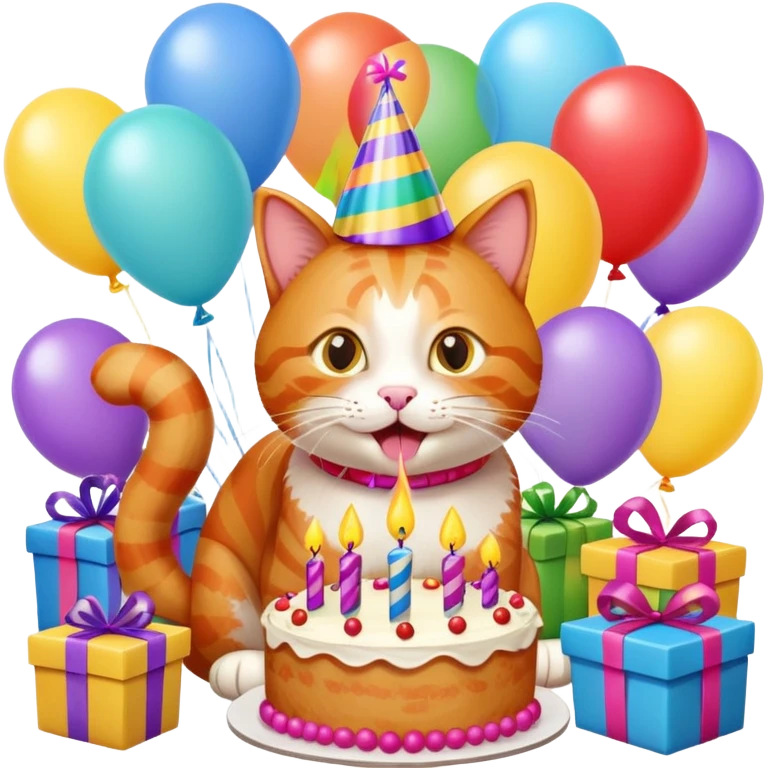 Ginger cat celebrates birthday, birthday hat, birthday cake, balloons, happy, gifts emoji