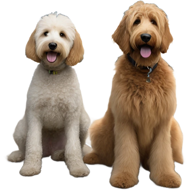 Golden doodle and  black labradoodle sitting on dock emoji