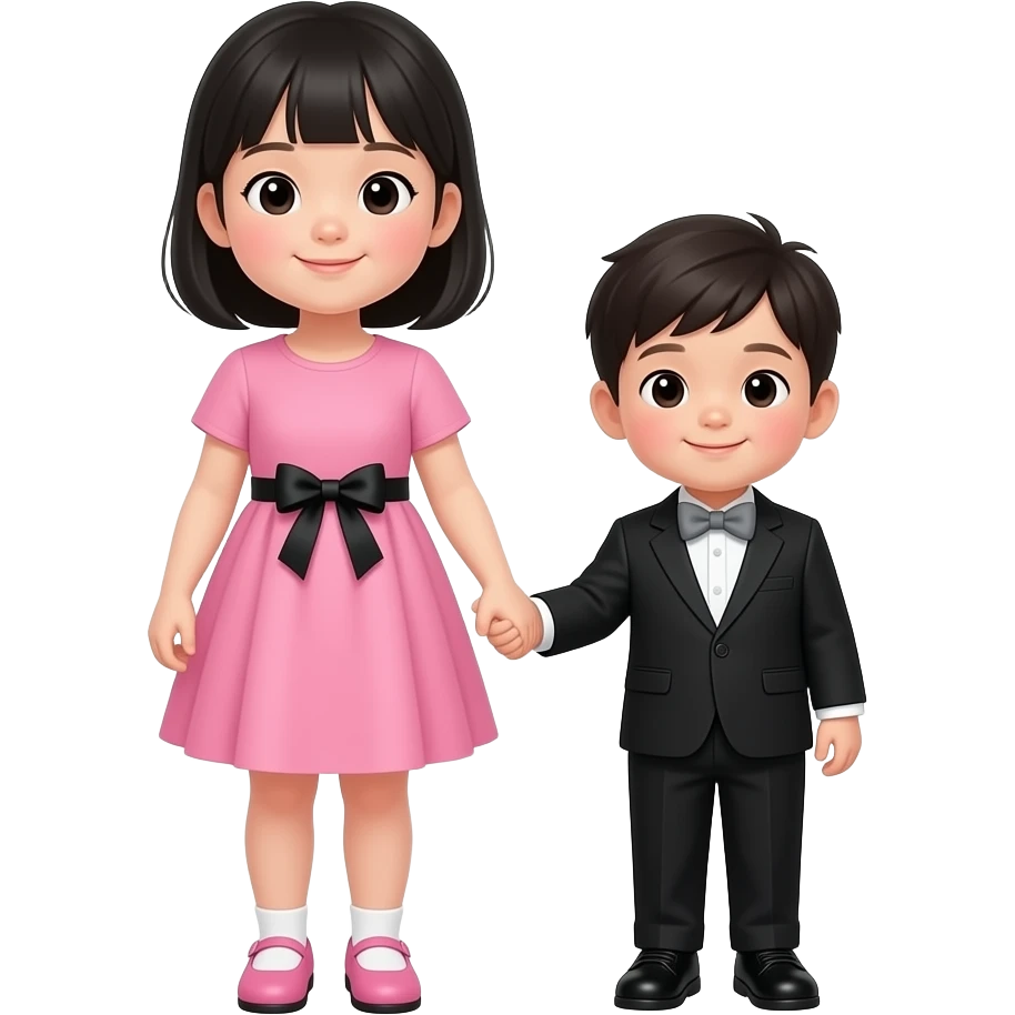 한국인 남매(7세 누나와 3세 남동생)가 손잡고 정면을 바라보고있어. 누나키가 훨씬 크지. 동생은 누나의 팔꿈치까지의 신장이야. 둘다 상꺼풀이 없고, 누나는 분홍 원피스에 검정리본이 장식되어 있는 원피스를 입고 분홍구두를 신고있어. 머리는 검정색 가슴기장으로 묶지 않고 있어. 오른쪽 남동생은 검정 정장을 입고 회색 나비넥타이를 매고 있고 검정 구두를 신고 있어. emoji
